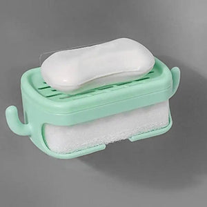 Soap Bar Container, Double Layer Soap Saver Case With Hook, Wall Mounted Self Draining Soap Dish For Shower Bathroom Kitchen Accessories, Plastic Drain Soap Box with Sponge Holder, Soap Saver Case with Hanger Sponge,3 in 1 Soap Container with Sponge