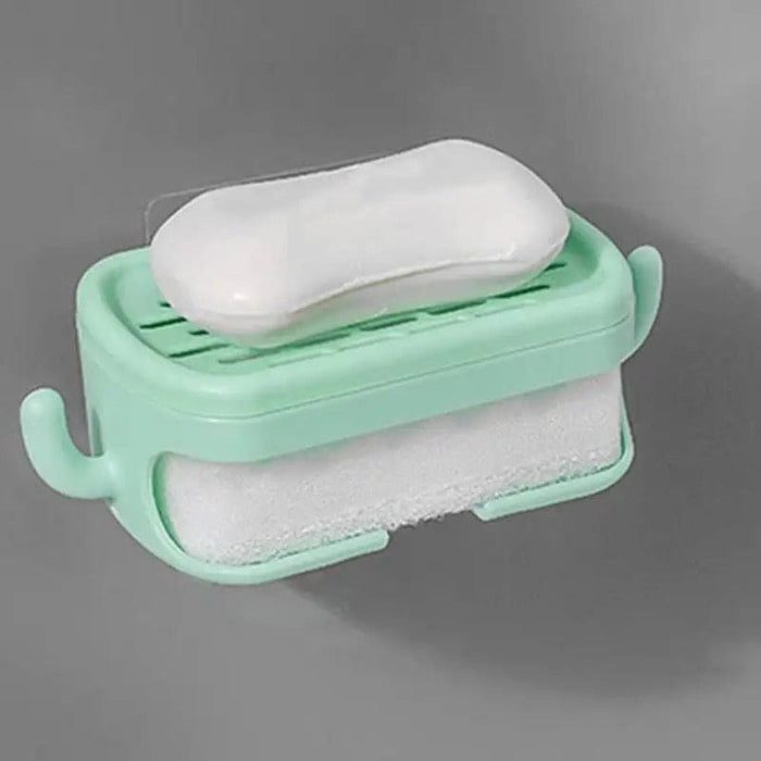 Soap Bar Container, Double Layer Soap Saver Case With Hook, Wall Mounted Self Draining Soap Dish For Shower Bathroom Kitchen Accessories, Plastic Drain Soap Box with Sponge Holder, Soap Saver Case with Hanger Sponge,3 in 1 Soap Container with Sponge