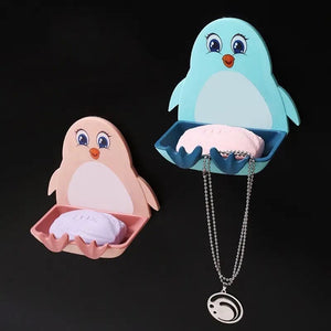 Cute Penguin Soap Box, Penguins Shape Soaps Box with Hook, Cute Drain Toilet Free Punch Shelf Soap Box, Bathroom Soap Case, Dormitory Bath Soap Dish