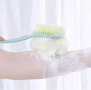 2 In 1 Bathing Scrubbing Long Handle Brush, Shower Body Brush with Bristles and Loofah, Back Scrubber Bath Mesh Sponge with Curved Long Handle, Back Scrubber Body Brush