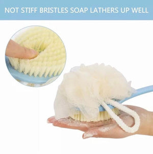2 In 1 Bathing Scrubbing Long Handle Brush, Shower Body Brush with Bristles and Loofah, Back Scrubber Bath Mesh Sponge with Curved Long Handle, Back Scrubber Body Brush