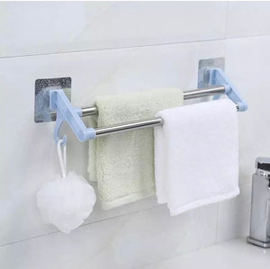 Stainless Steel Wall Mounted Double Shelf Bathroom Towel Rack, Self Adhesive Bath Wall Shelf with 2 Hooks, Wall Mounted Non Perforated Kitchen Utensils Rack