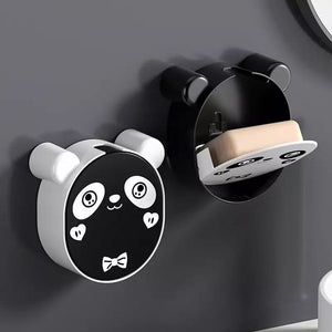 Cute Panda Wall Mounted Soap Box With Lid, Punch Free Double Layer Drain Soap Rack, Washbasin Soap Storage Box, Flip Cover Handmade Soap Shelf, Creative Soap Holder For Shower, Multifunctional Flip Top Drain Soap Dish