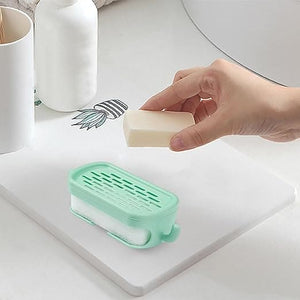 Soap Bar Container, Double Layer Soap Saver Case With Hook, Wall Mounted Self Draining Soap Dish For Shower Bathroom Kitchen Accessories, Plastic Drain Soap Box with Sponge Holder, Soap Saver Case with Hanger Sponge,3 in 1 Soap Container with Sponge