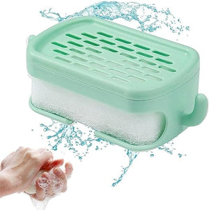 Soap Bar Container, Double Layer Soap Saver Case With Hook, Wall Mounted Self Draining Soap Dish For Shower Bathroom Kitchen Accessories, Plastic Drain Soap Box with Sponge Holder, Soap Saver Case with Hanger Sponge,3 in 1 Soap Container with Sponge